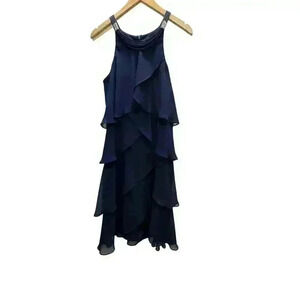 SLNY NAVY BLUE TIERED SLEEVELESS HALTER COCKTAIL DRESS ZIP UP BACK SIZE 6